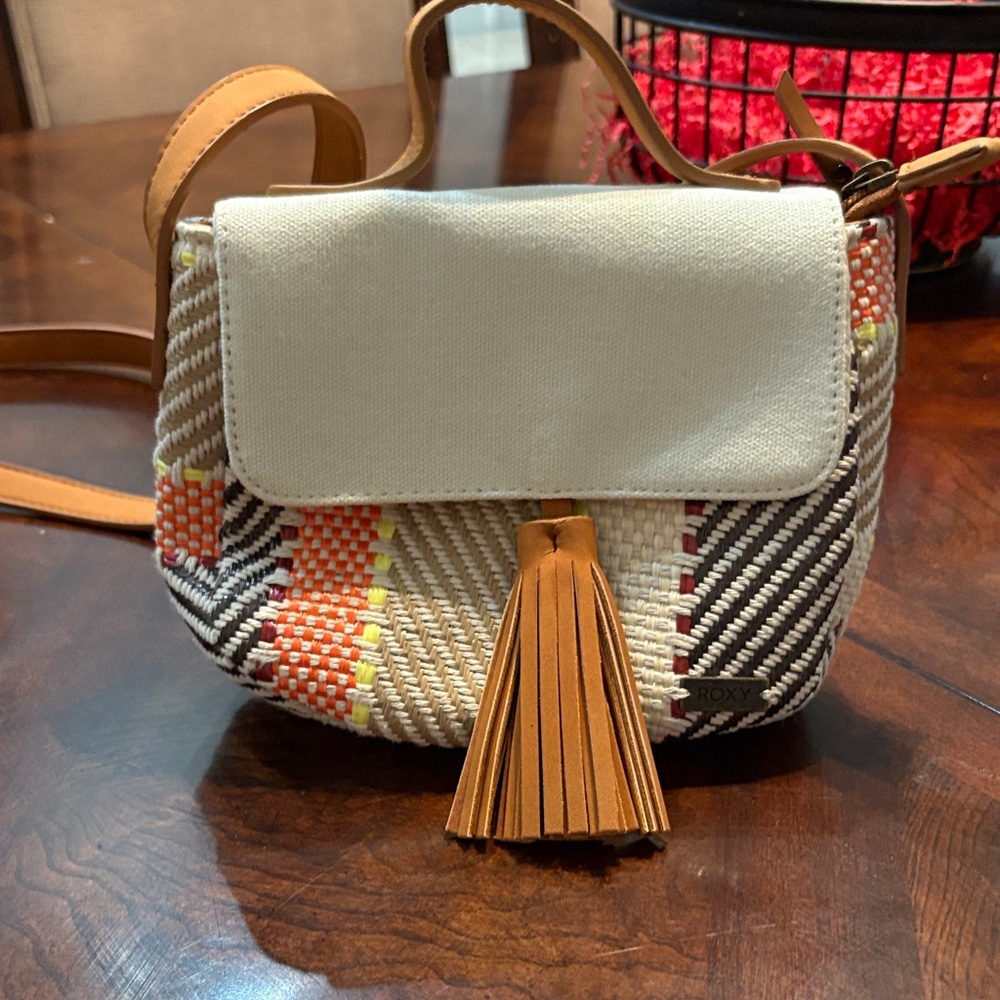 Roxy Cream and Tan Woven Crossbody Bag